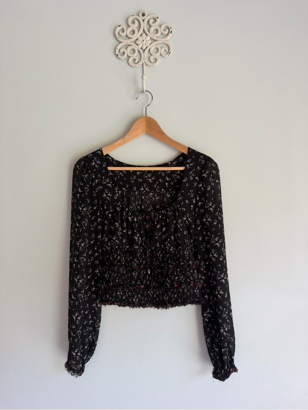 Free People Black Floral Long Sleeve Blouse.  Size small shirt.